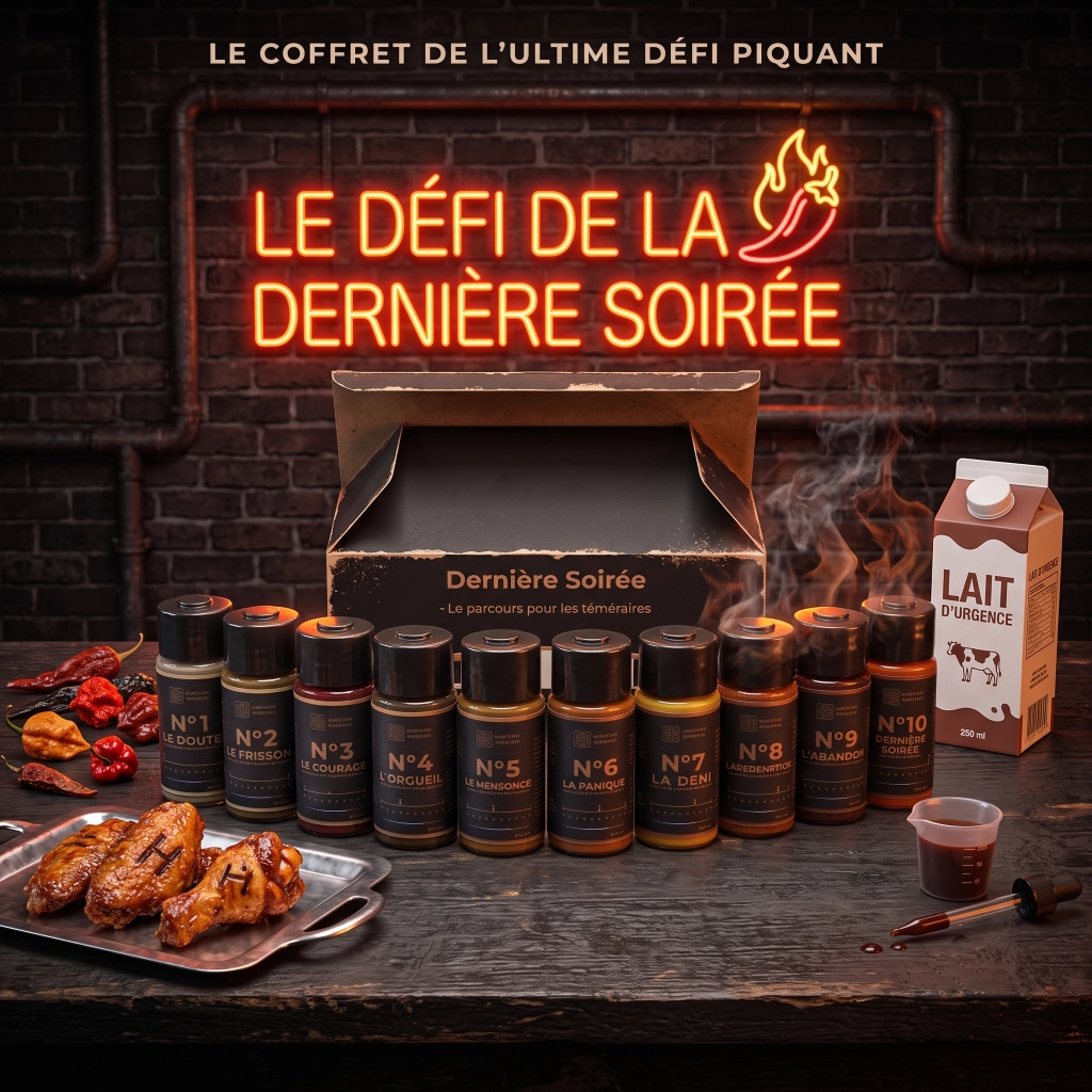 Coffret Dernière Soirée : 10 sauces piquantes numérotées de 1 à 10, ailes de poulet et lait d'urgence pour un jeu façon Hot Ones à la maison
